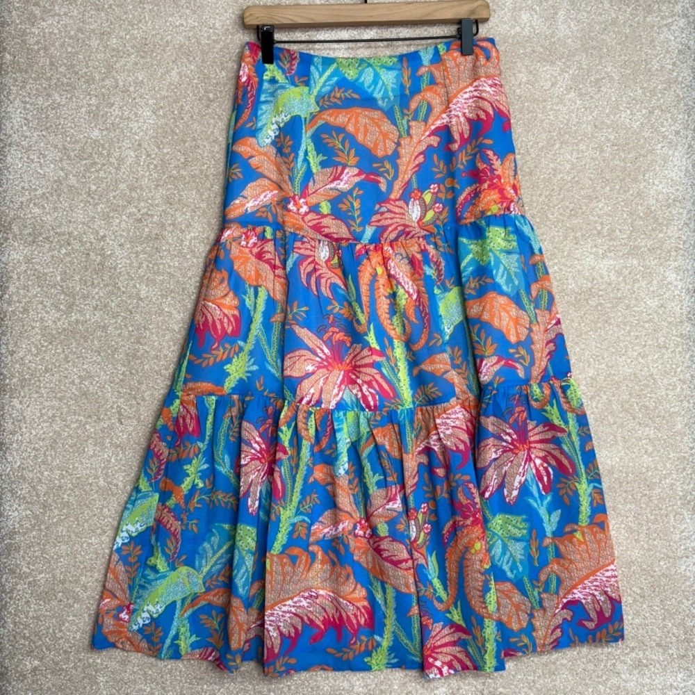 GRETCHEN SCOTT Maxi Skirt Women's Small Blue Orange Tropical Floral Tiered Boho